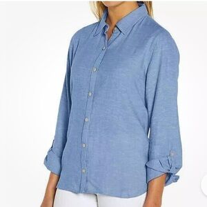 Size S M Women's Orvis Linen Blend Button Front Long Sleeve Top Shirt Blue